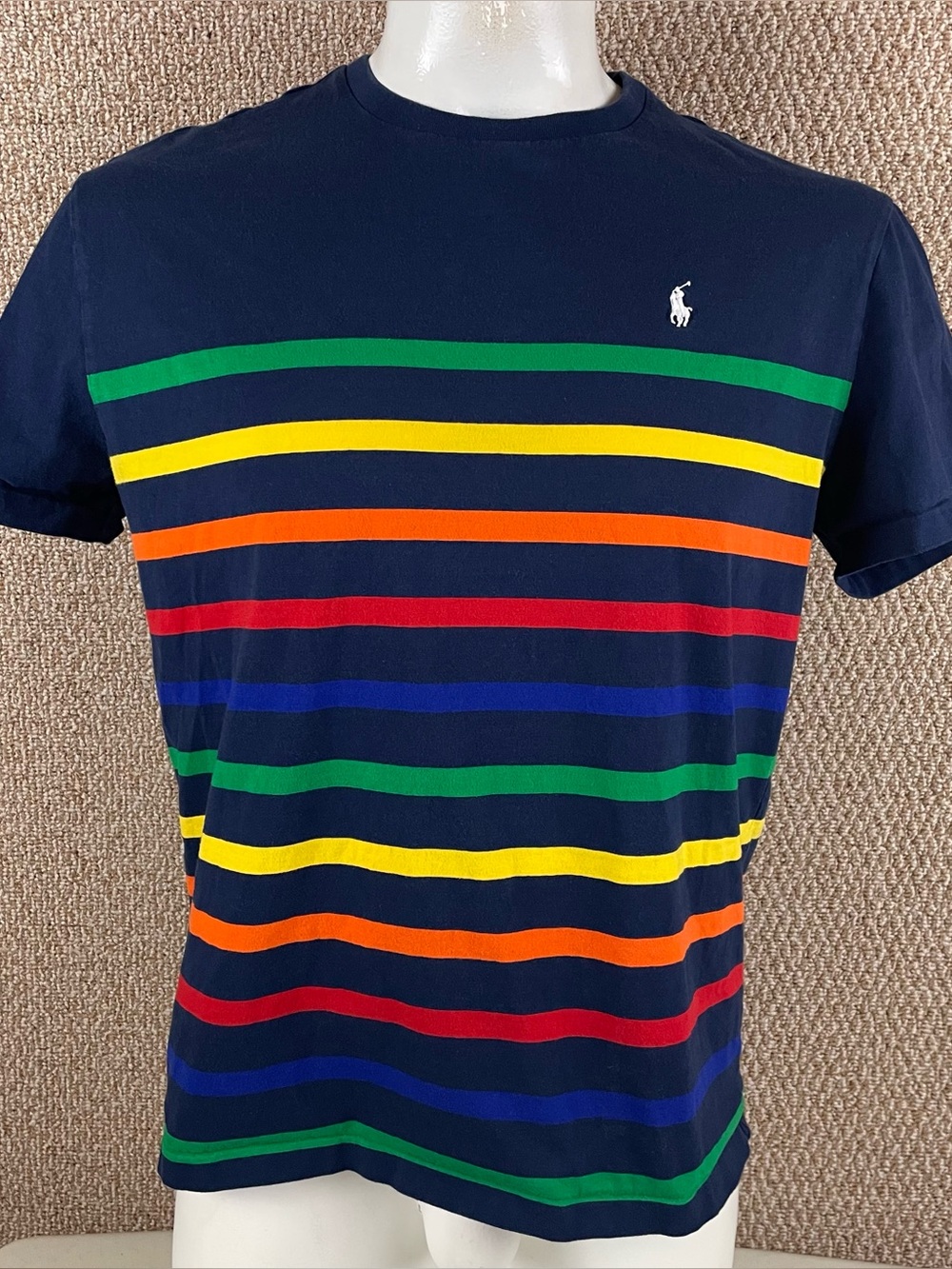 Polo Ralph Lauren Shirt Large Striped Crew Neck Tee Classic Fit Blue Rainbow 199
